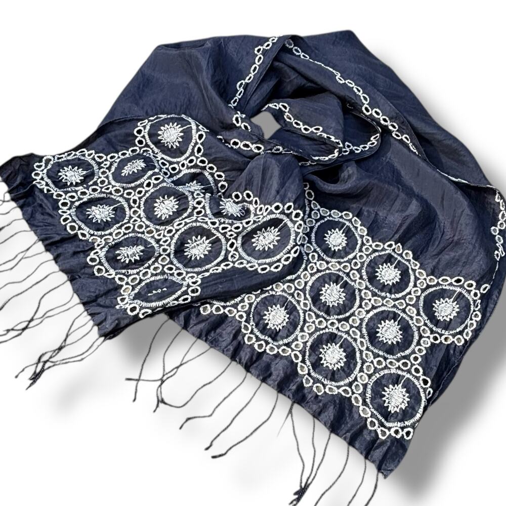 Banana Republic Navy Silk Scarf with Embroidered Design